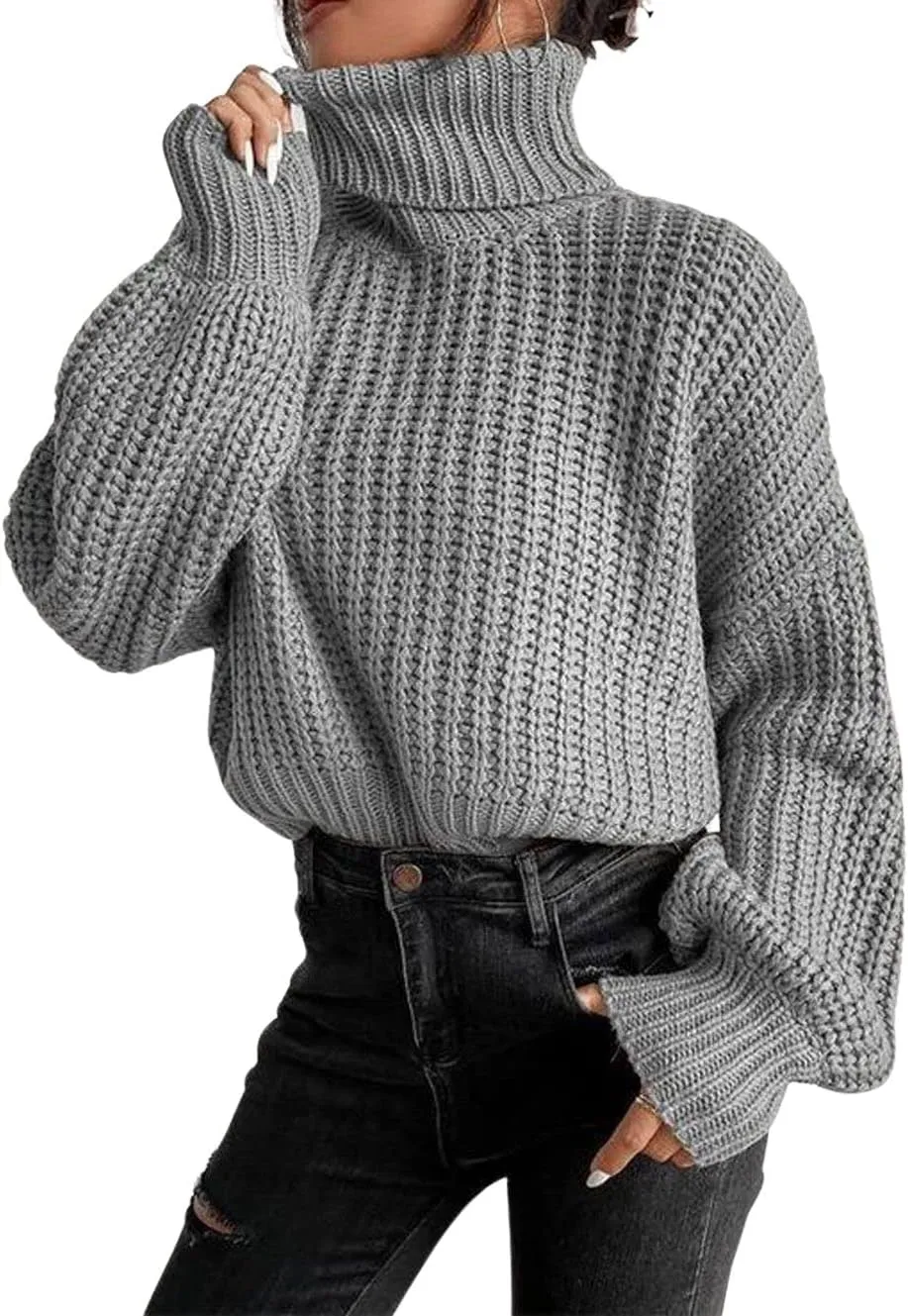 CHARTOU Women Oversized Cable Knit Turtleneck Sweater Long Sleeve Drop Shoulder Knitwear Pullover
