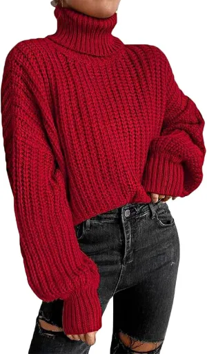 CHARTOU Women Oversized Cable Knit Turtleneck Sweater Long Sleeve Drop Shoulder Knitwear Pullover