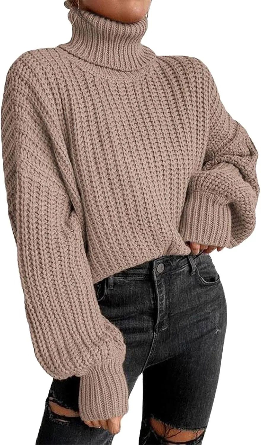 CHARTOU Women Oversized Cable Knit Turtleneck Sweater Long Sleeve Drop Shoulder Knitwear Pullover