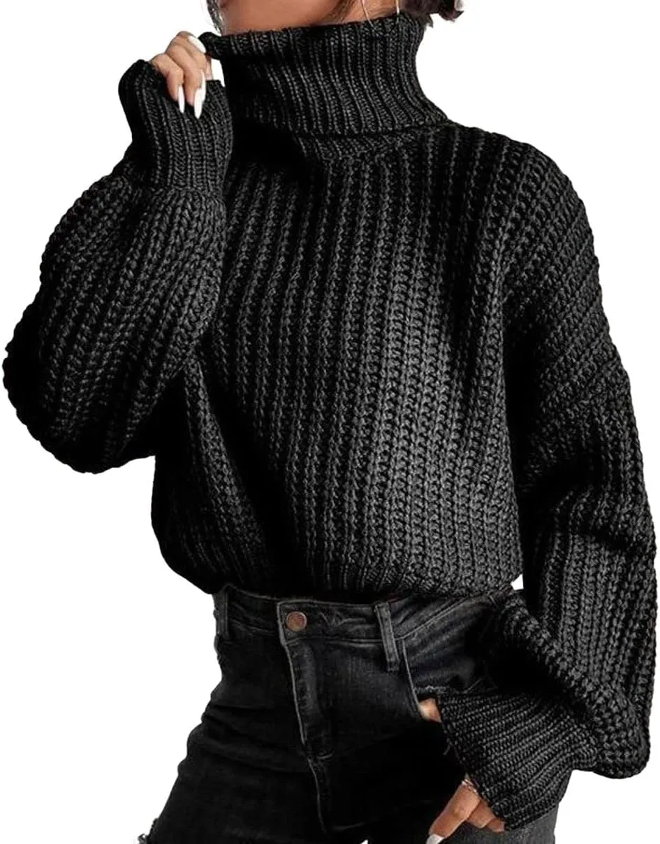 CHARTOU Women Oversized Cable Knit Turtleneck Sweater Long Sleeve Drop Shoulder Knitwear Pullover