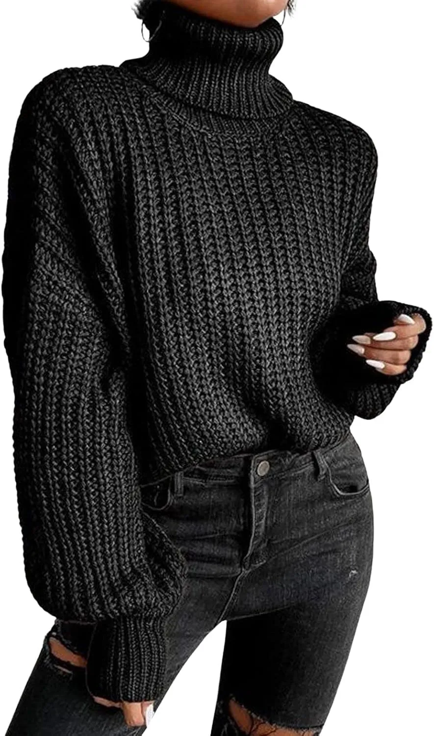 CHARTOU Women Oversized Cable Knit Turtleneck Sweater Long Sleeve Drop Shoulder Knitwear Pullover