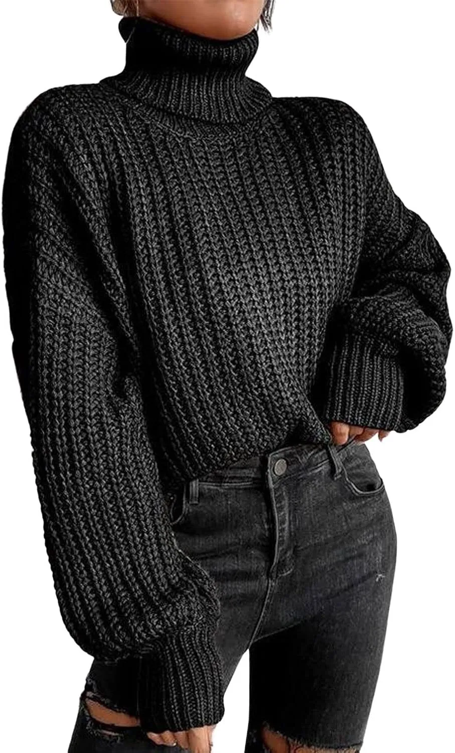 CHARTOU Women Oversized Cable Knit Turtleneck Sweater Long Sleeve Drop Shoulder Knitwear Pullover