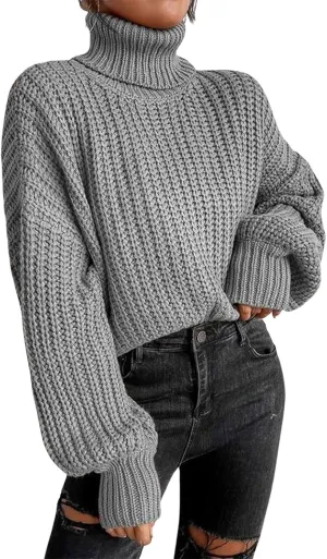 CHARTOU Women Oversized Cable Knit Turtleneck Sweater Long Sleeve Drop Shoulder Knitwear Pullover