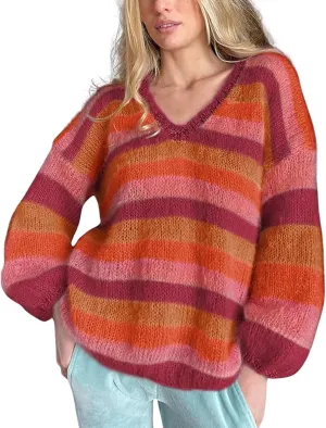CHARTOU Women's Oversized V Neck Stripes Rainbow Sweater Furry Cable Knitted Puff Sleeve Pullover Cardigan