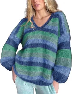 CHARTOU Women's Oversized V Neck Stripes Rainbow Sweater Furry Cable Knitted Puff Sleeve Pullover Cardigan