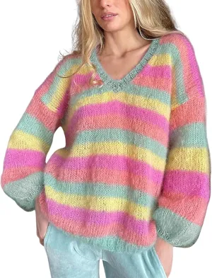 CHARTOU Women's Oversized V Neck Stripes Rainbow Sweater Furry Cable Knitted Puff Sleeve Pullover Cardigan