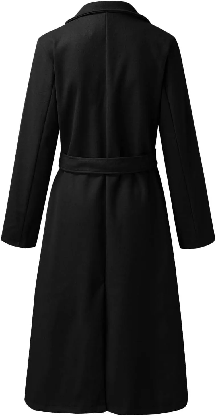 cooki Long Trench Coat for Women Casual Winter Warm Wool Coat Fall Lapel Collar Jackets Belted Tie Waisted Pea Coats