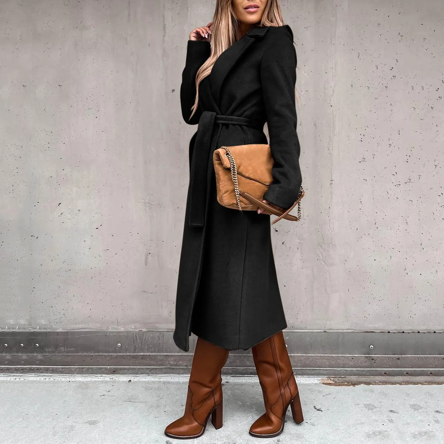 cooki Long Trench Coat for Women Casual Winter Warm Wool Coat Fall Lapel Collar Jackets Belted Tie Waisted Pea Coats