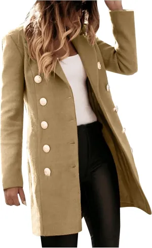 cooki Trench Coat for Women 2023 Women Winter Coats, Women's Long Sleeve Slim Fit Warm Wool Blend Pea Coat Button Overcoat
