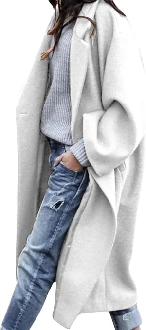cooki Winter Coats for Women 2024 Women's Casual Wool Blend Lapel Open Front Loose Fit Peacoat Warm Windproof Trench Coat