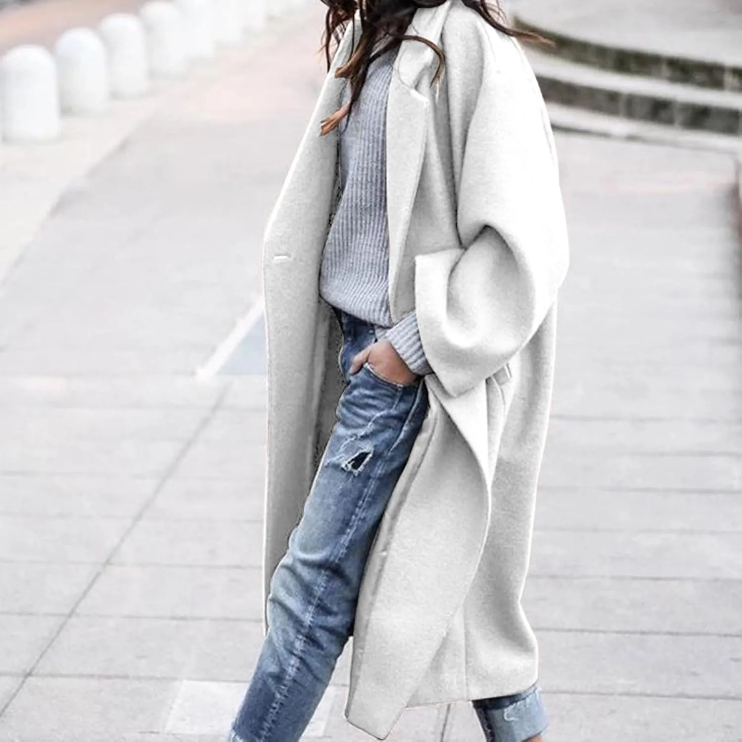 cooki Winter Coats for Women 2024 Women's Casual Wool Blend Lapel Open Front Loose Fit Peacoat Warm Windproof Trench Coat