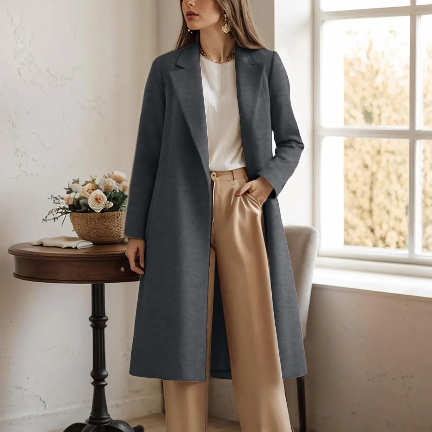 cooki Winter Coats for Women Long Warm Open Front Lapel Cardigan Jackets Womens Casual Wool Blend Trench Coats Pea Coats