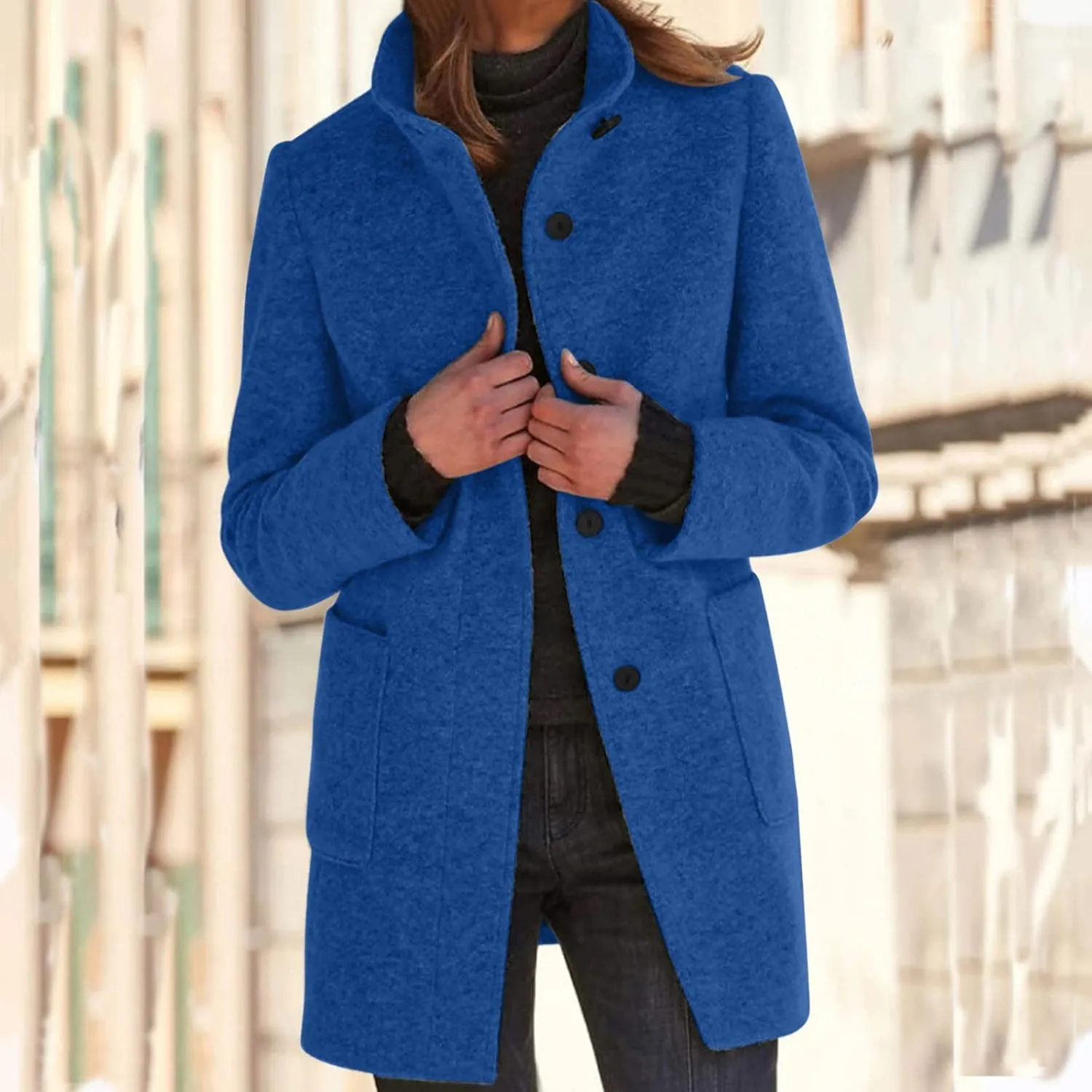 cooki Winter Coats for Women Stand Collar Single Breasted Wool Blend Long Pea Coats Casual Trench Coats Blazer Jackets