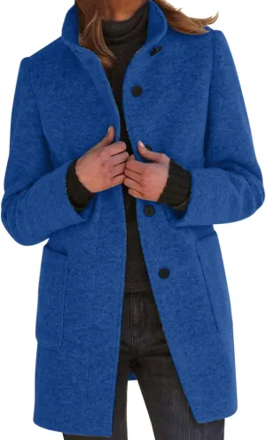 cooki Winter Coats for Women Stand Collar Single Breasted Wool Blend Long Pea Coats Casual Trench Coats Blazer Jackets