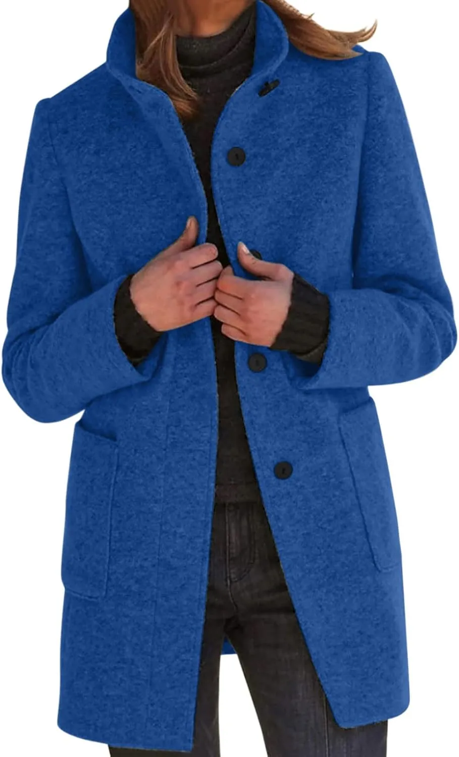 cooki Winter Coats for Women Stand Collar Single Breasted Wool Blend Long Pea Coats Casual Trench Coats Blazer Jackets