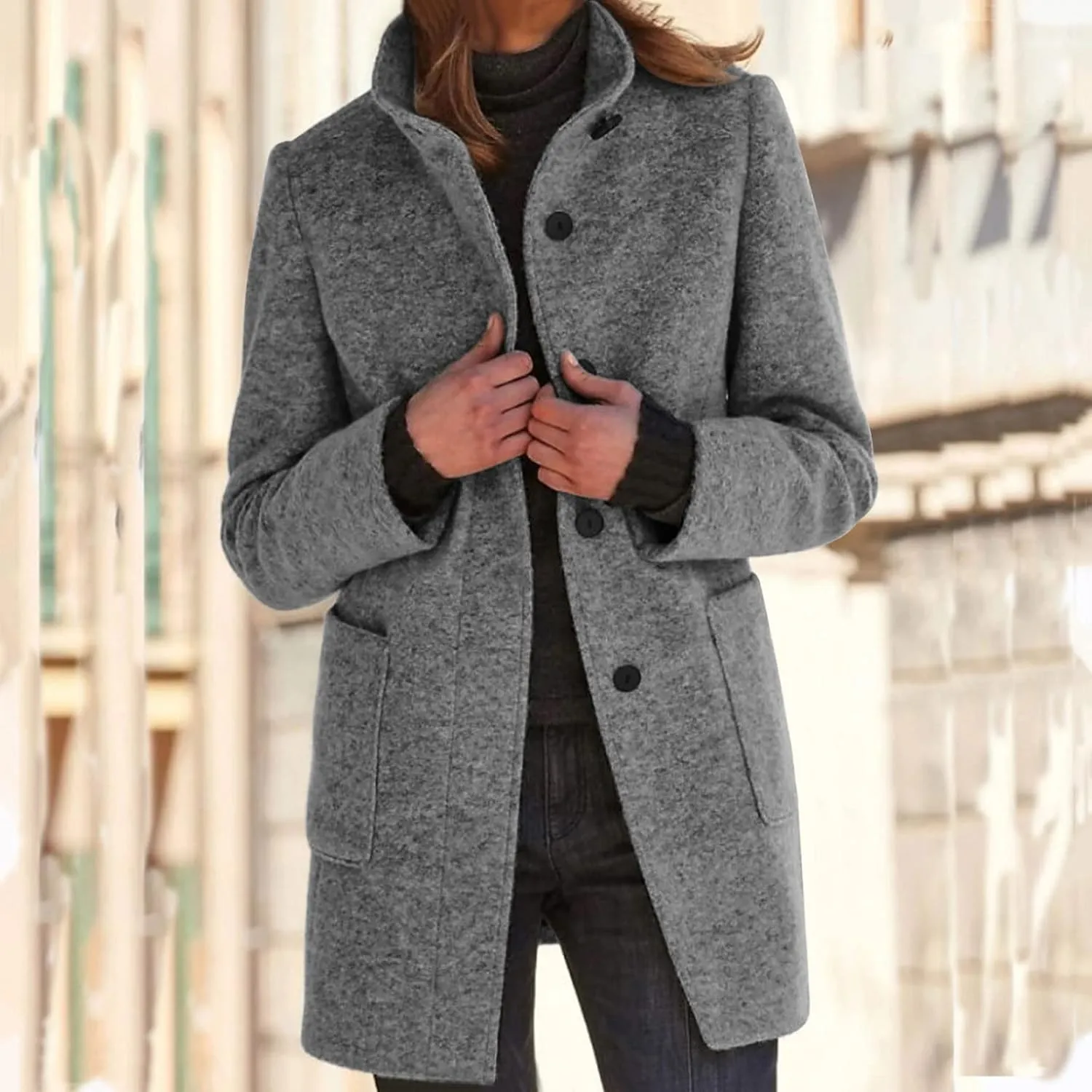 cooki Winter Coats for Women Stand Collar Single Breasted Wool Blend Long Pea Coats Casual Trench Coats Blazer Jackets