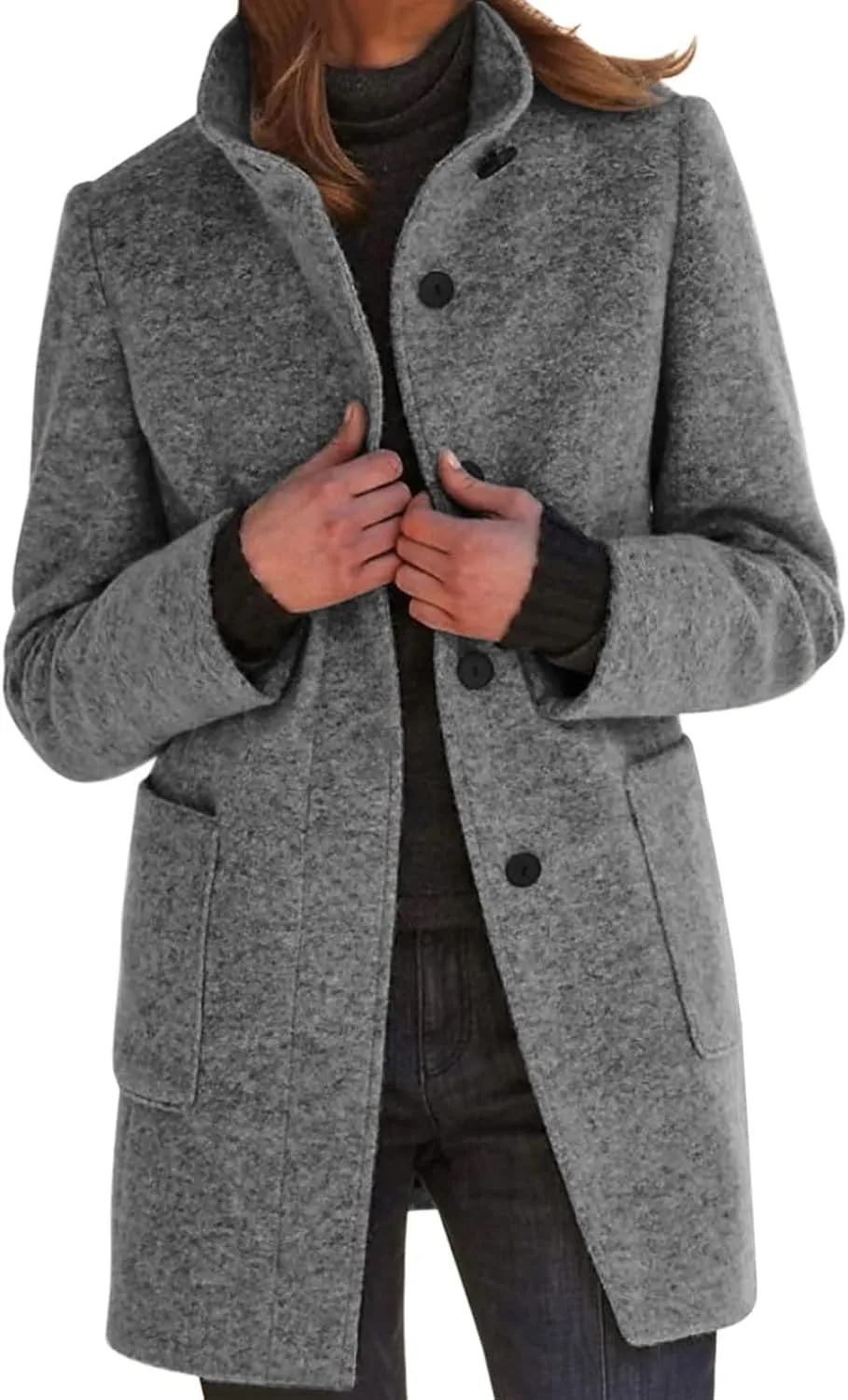 cooki Winter Coats for Women Stand Collar Single Breasted Wool Blend Long Pea Coats Casual Trench Coats Blazer Jackets