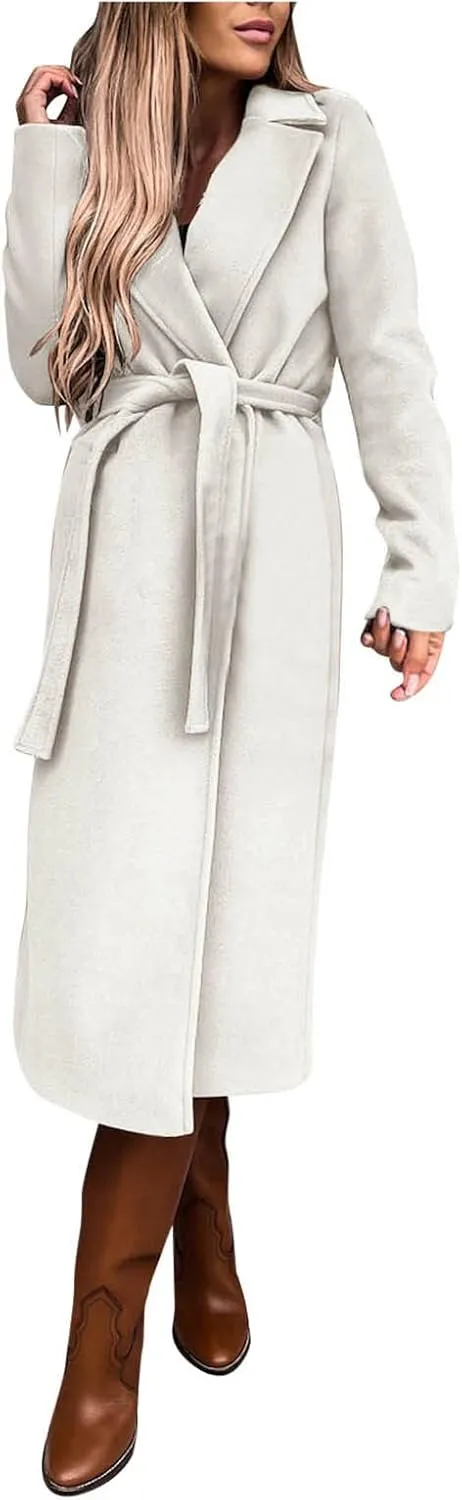 cooki Winter Coats Womens Warm Wool Blend Notch Lapel Open Front Belted Long Pea Coat Slim Fit Jackets Trench Coats