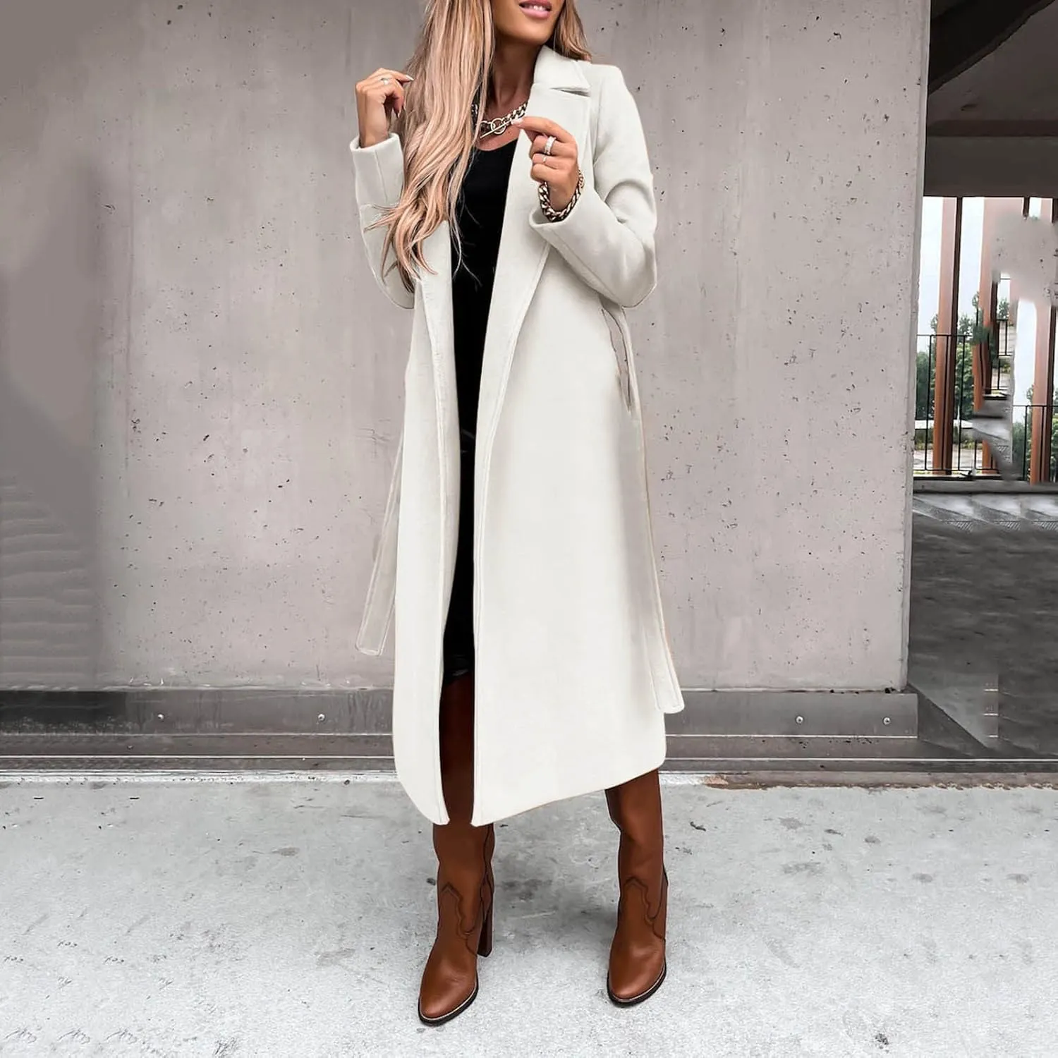 cooki Winter Coats Womens Warm Wool Blend Notch Lapel Open Front Belted Long Pea Coat Slim Fit Jackets Trench Coats