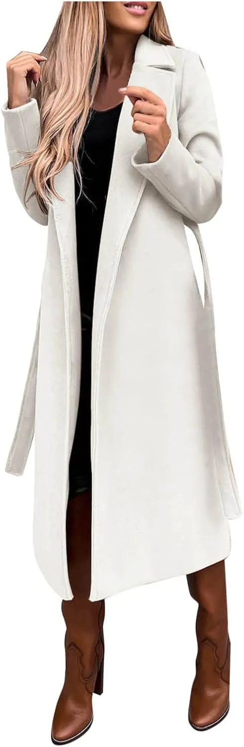 cooki Winter Coats Womens Warm Wool Blend Notch Lapel Open Front Belted Long Pea Coat Slim Fit Jackets Trench Coats