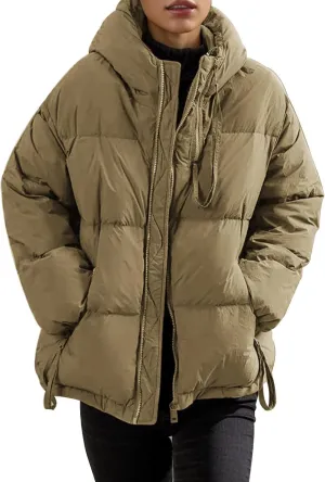 cooki Womens Winter Coats Long Sleeve Zip Puffer Jacket Stand Collar Baggy Short Down Coats with Pockets Thicken Cropped Coat