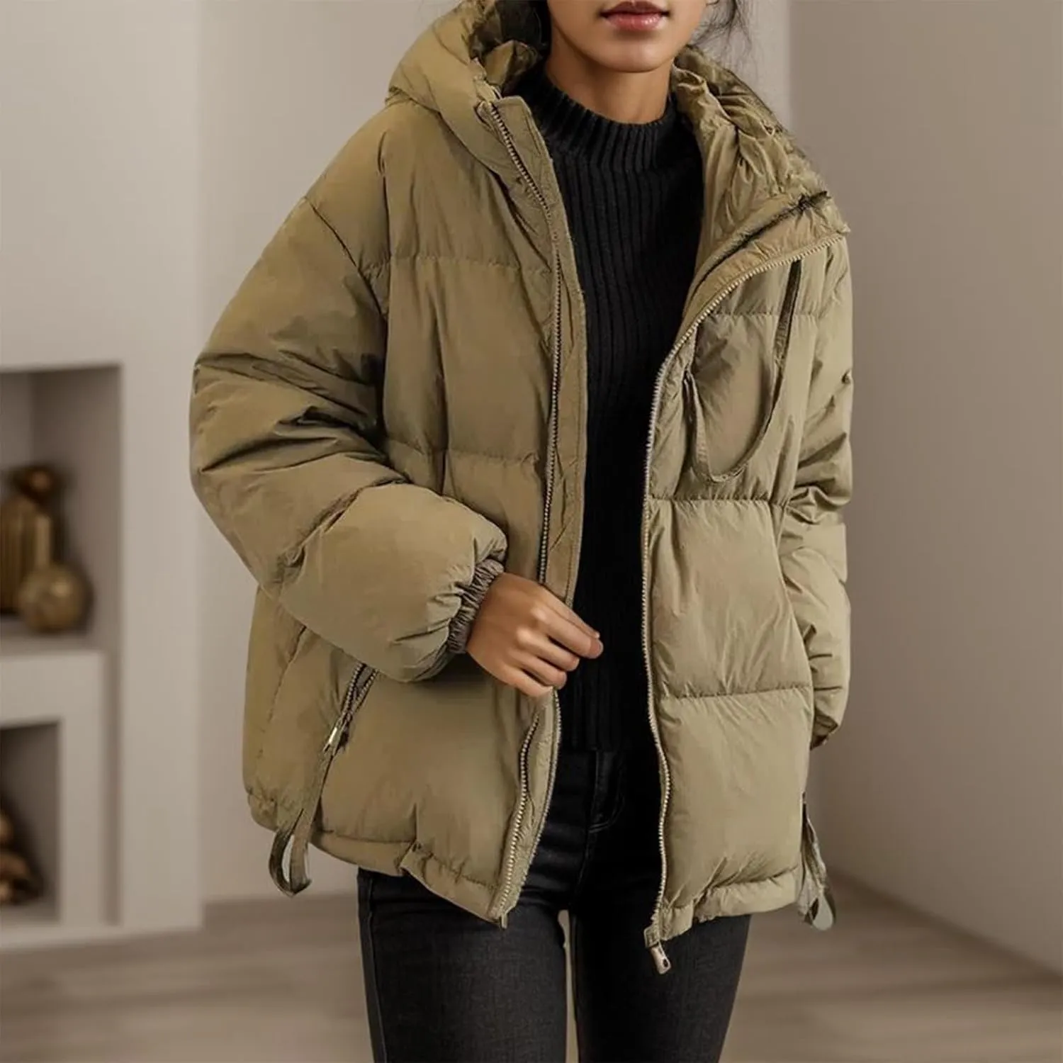 cooki Womens Winter Coats Long Sleeve Zip Puffer Jacket Stand Collar Baggy Short Down Coats with Pockets Thicken Cropped Coat