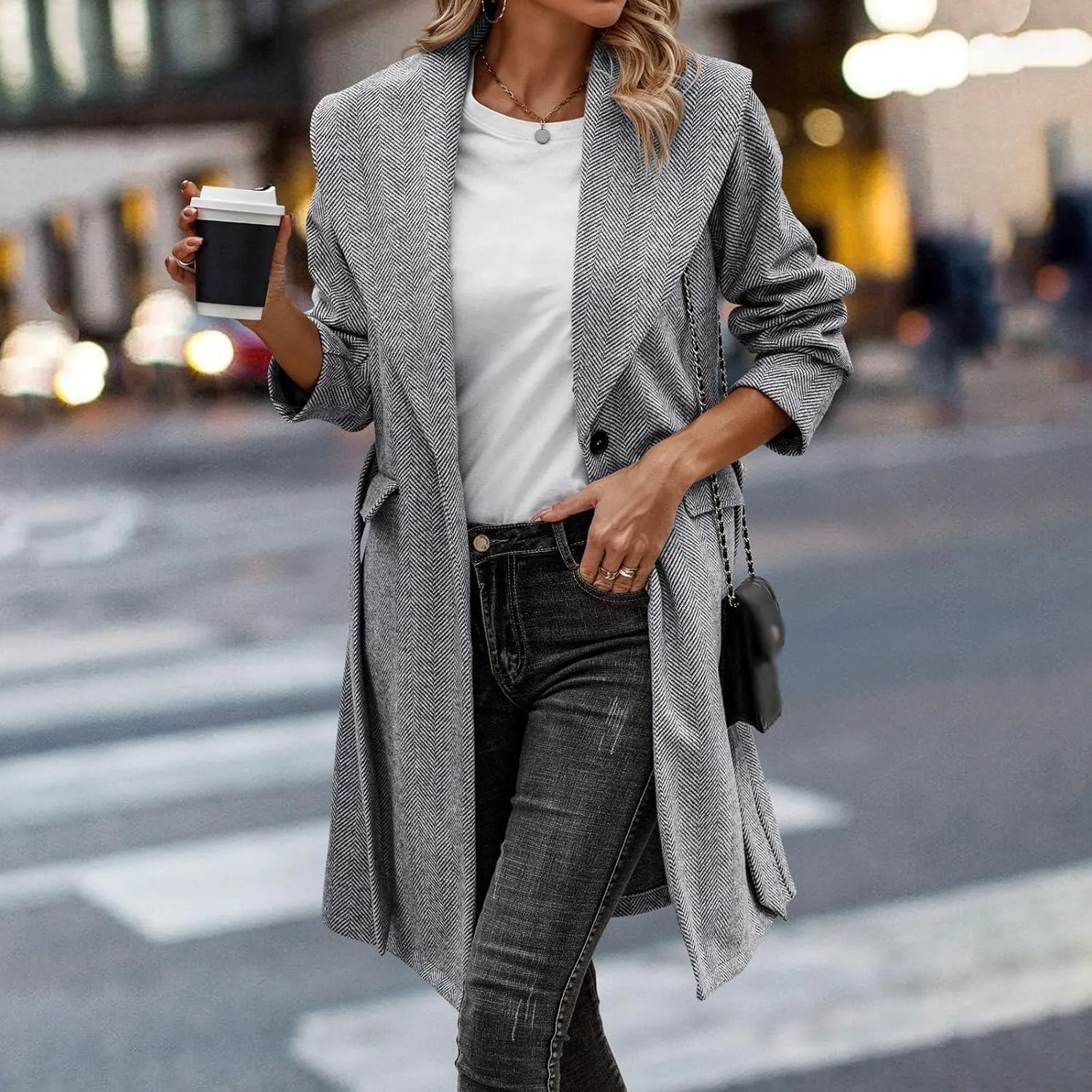 cooki womens winter coats Wool Blend Coats for Women With Pockets Warm Thicken Soft Trench Coats Lapel Loose Plaid Pea Coats