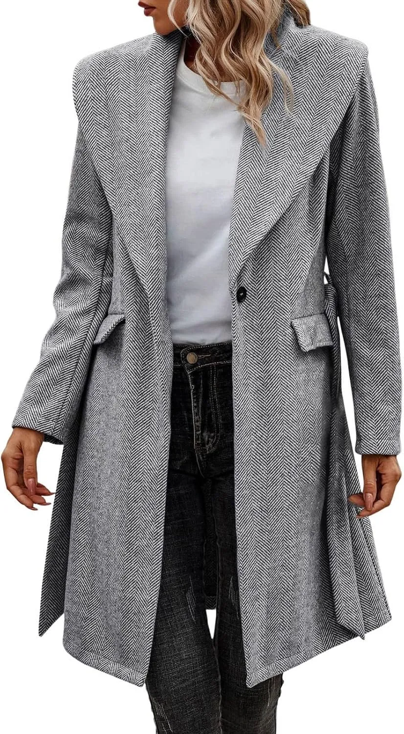 cooki womens winter coats Wool Blend Coats for Women With Pockets Warm Thicken Soft Trench Coats Lapel Loose Plaid Pea Coats