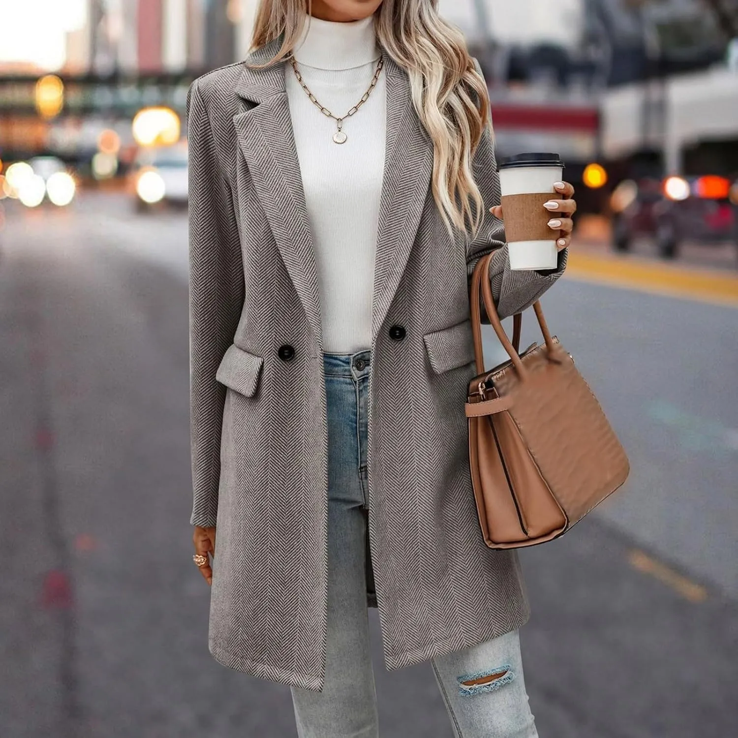 cooki Wool Coats for Women Long Women's Wool Coat Knee Length Jackets Winter Trench Coats Lapel Collar Button Down Peacoats