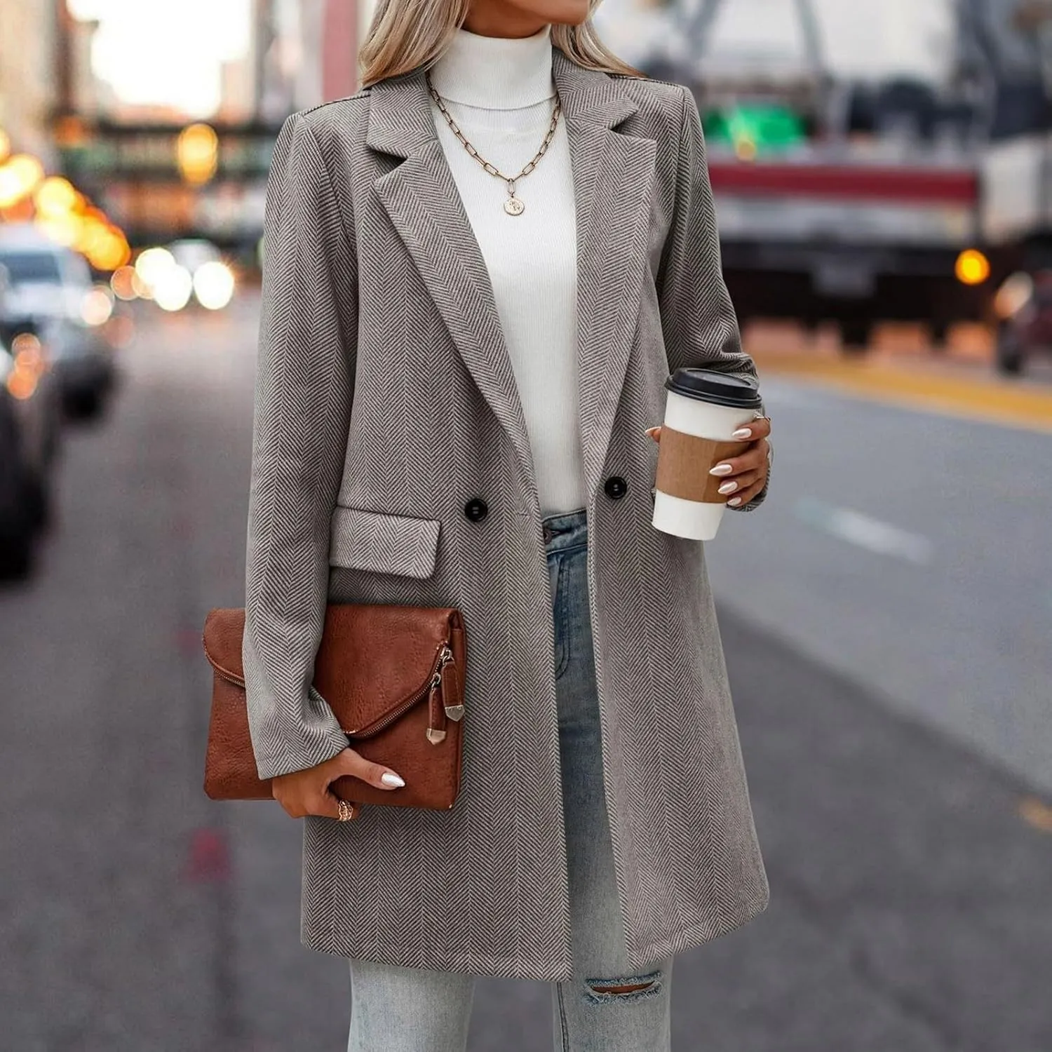 cooki Wool Coats for Women Long Women's Wool Coat Knee Length Jackets Winter Trench Coats Lapel Collar Button Down Peacoats
