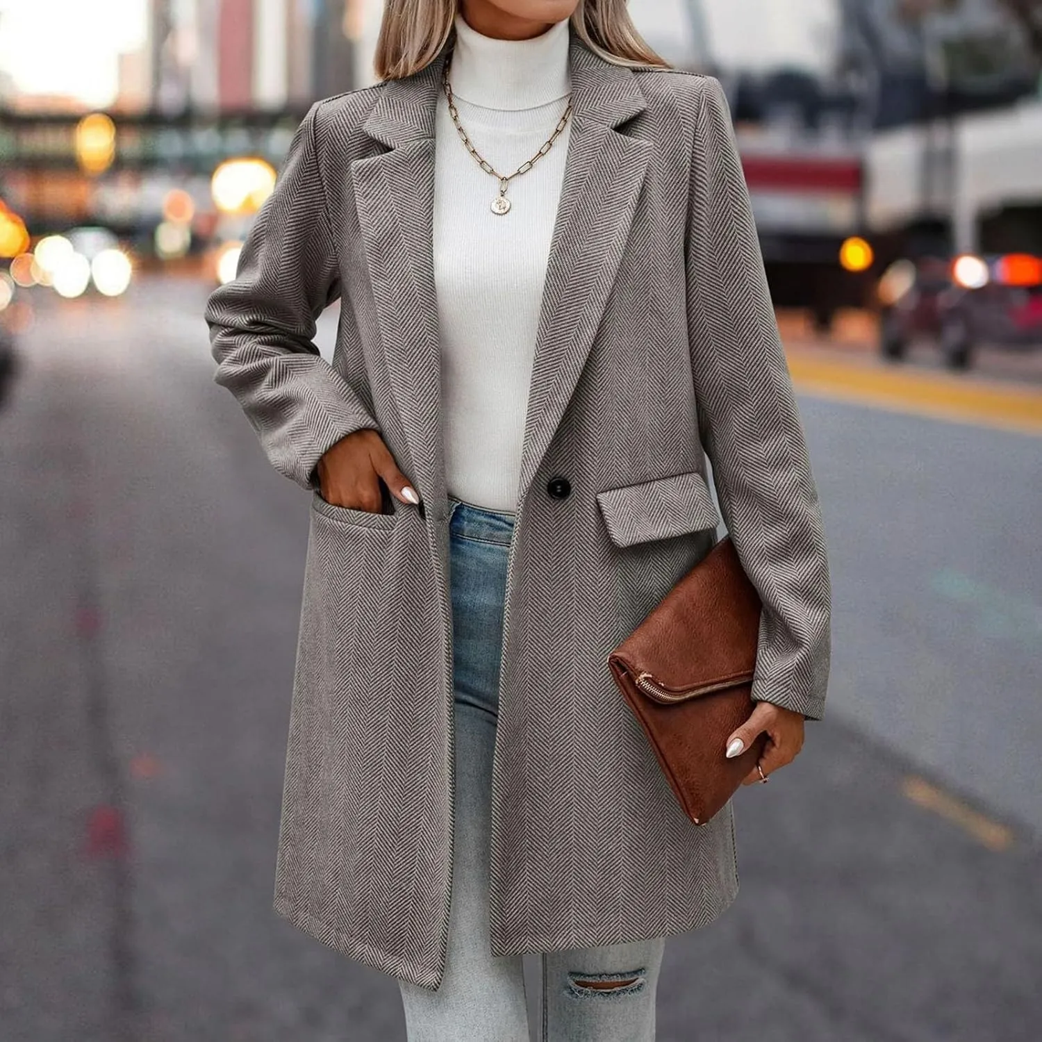 cooki Wool Coats for Women Long Women's Wool Coat Knee Length Jackets Winter Trench Coats Lapel Collar Button Down Peacoats
