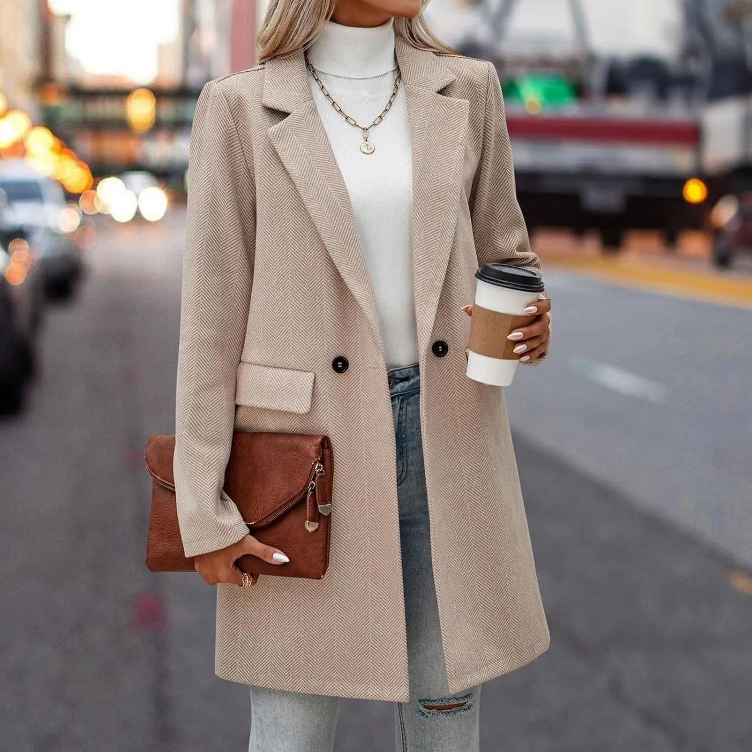 cooki Wool Coats for Women Long Women's Wool Coat Knee Length Jackets Winter Trench Coats Lapel Collar Button Down Peacoats