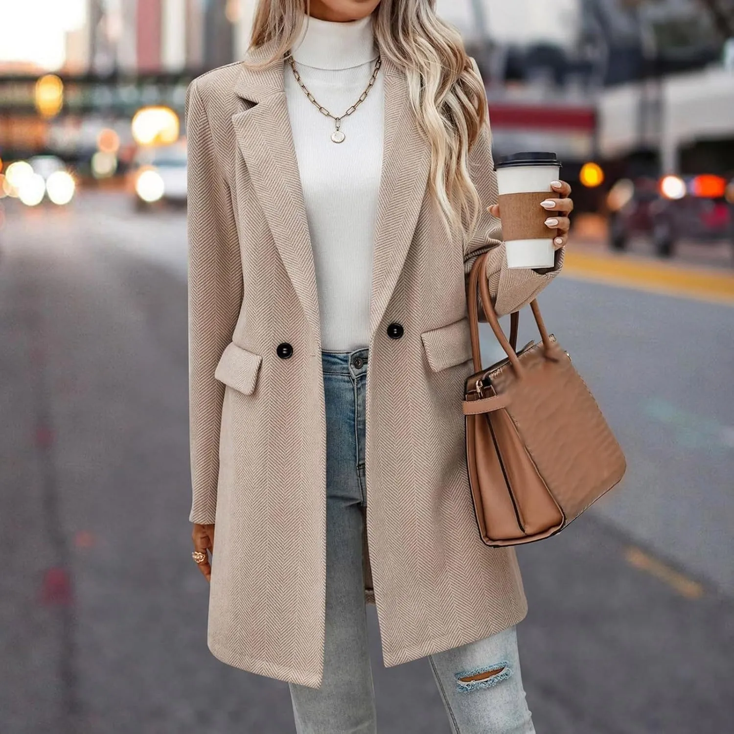 cooki Wool Coats for Women Long Women's Wool Coat Knee Length Jackets Winter Trench Coats Lapel Collar Button Down Peacoats