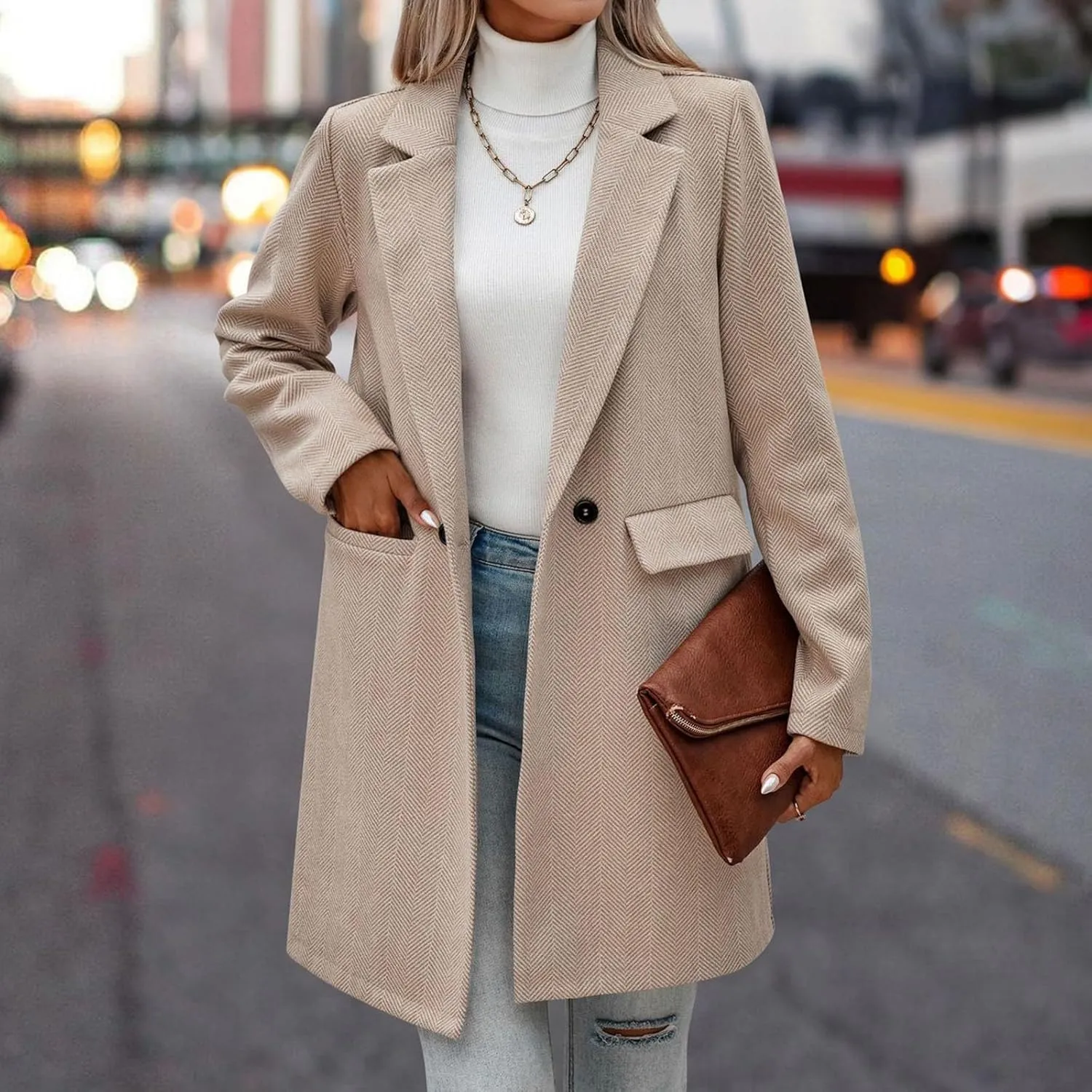 cooki Wool Coats for Women Long Women's Wool Coat Knee Length Jackets Winter Trench Coats Lapel Collar Button Down Peacoats