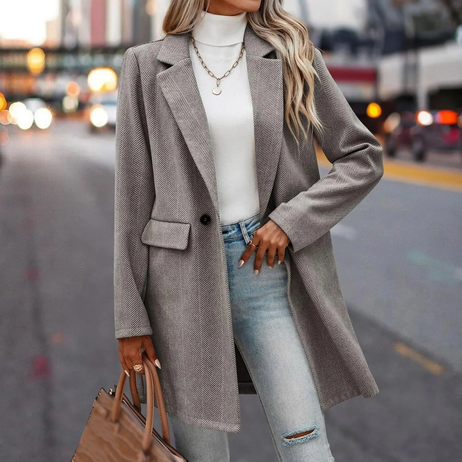 cooki Wool Coats for Women Long Women's Wool Coat Knee Length Jackets Winter Trench Coats Lapel Collar Button Down Peacoats