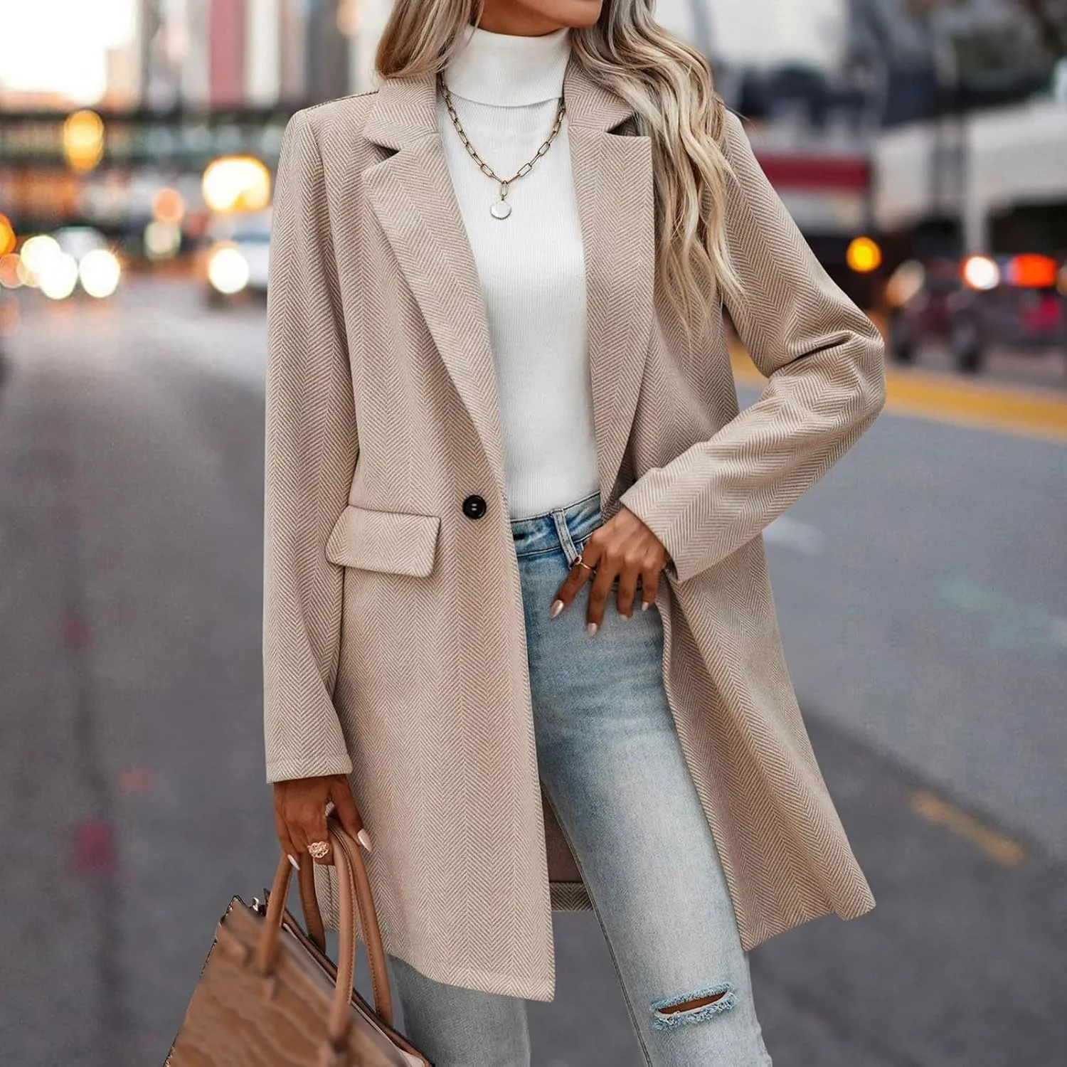 cooki Wool Coats for Women Long Women's Wool Coat Knee Length Jackets Winter Trench Coats Lapel Collar Button Down Peacoats