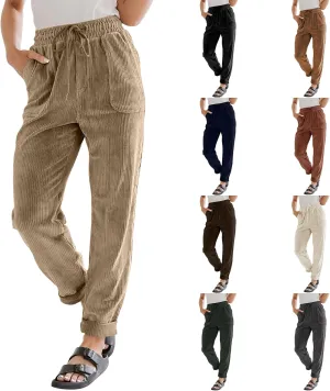 Corduroy Pants Women High Waisted Drawstring Casual Straight Leg Pants Loose Comfy Lounge Pants Trousers with Pockets
