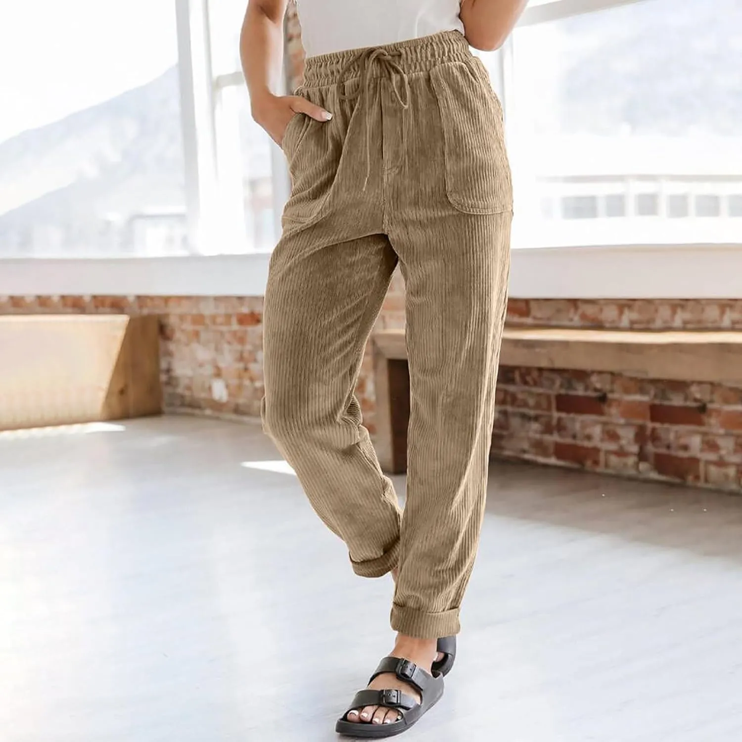 Corduroy Pants Women High Waisted Drawstring Casual Straight Leg Pants Loose Comfy Lounge Pants Trousers with Pockets