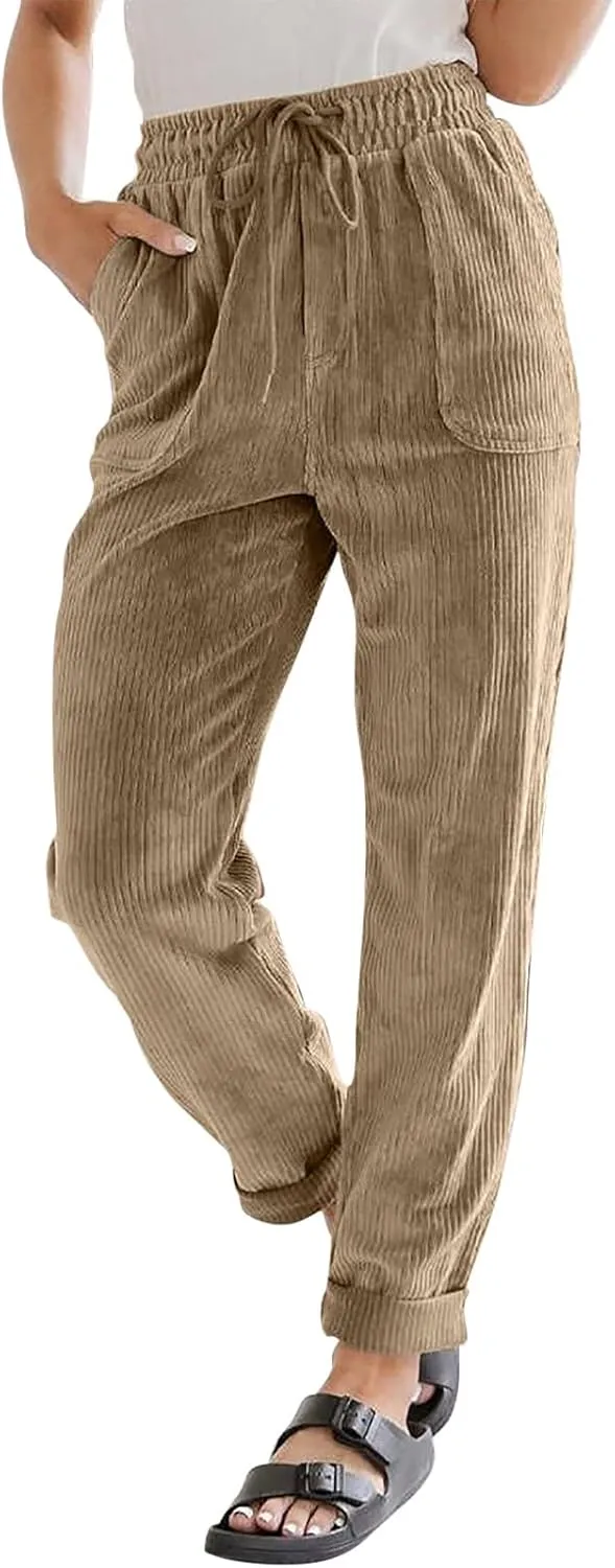Corduroy Pants Women High Waisted Drawstring Casual Straight Leg Pants Loose Comfy Lounge Pants Trousers with Pockets