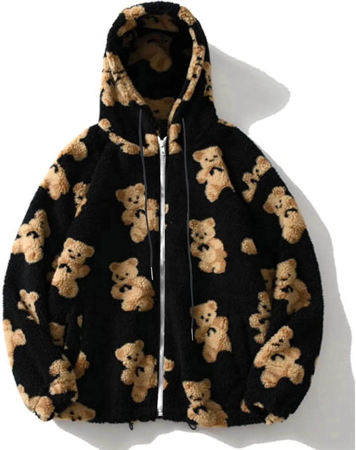 Cute Bear Graphic Plush Hoodies Fashion Women Teen Girls Fall Winter Coats Fuzzy Jackets Zip Up Hooded Outwear