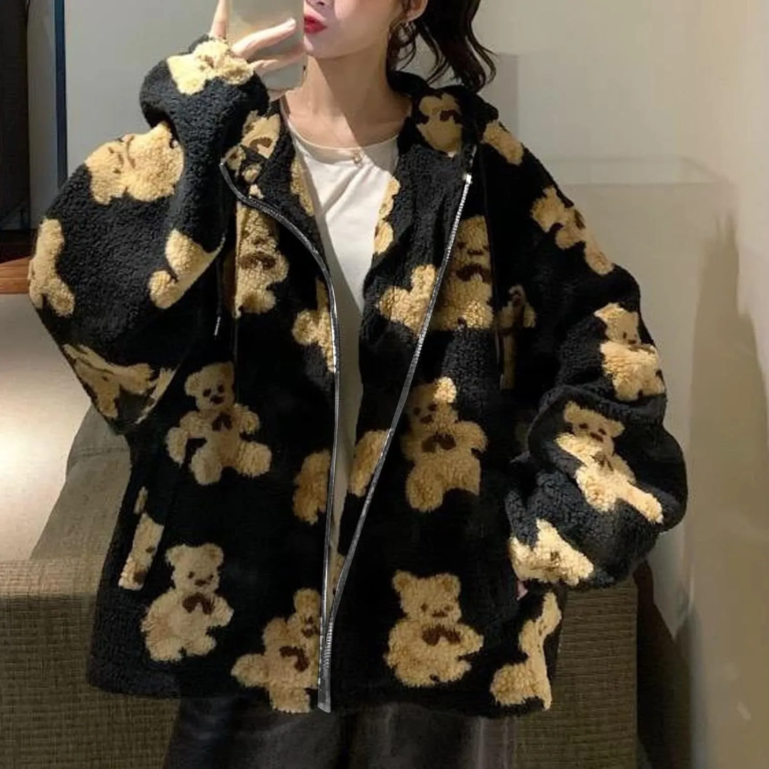 Cute Bear Graphic Plush Hoodies Fashion Women Teen Girls Fall Winter Coats Fuzzy Jackets Zip Up Hooded Outwear