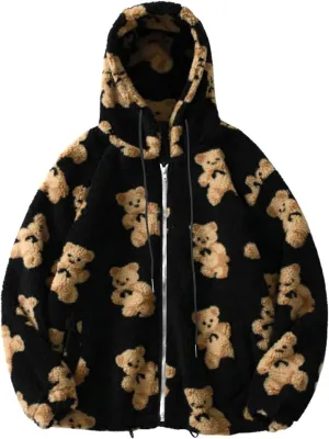 Cute Bear Graphic Plush Hoodies Fashion Women Teen Girls Fall Winter Coats Fuzzy Jackets Zip Up Hooded Outwear