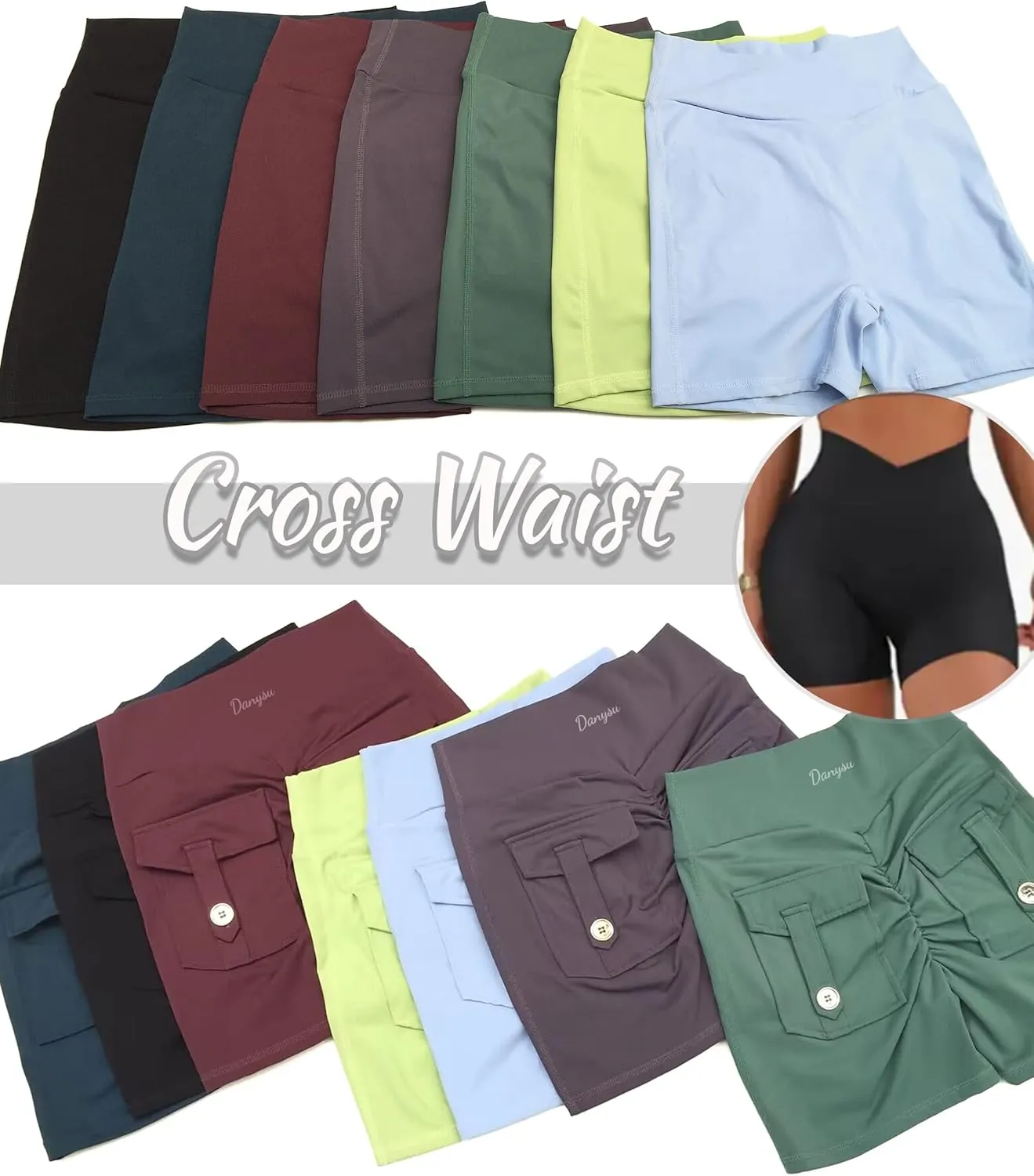 Danysu Women Pocket Shorts Cross High Waist Scrunch Butt Booty Workout Lifting Athletic Gym Bottoms