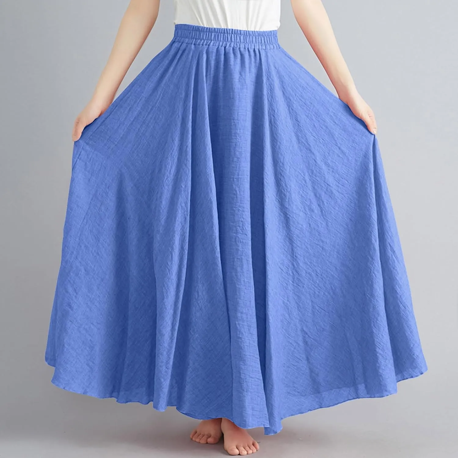 DDAPJ pyju Linen Skirts for Women Summer Bohemian Style Elastic Waist Long Maxi Skirt Loose Flowy Beach Skirt One-Size