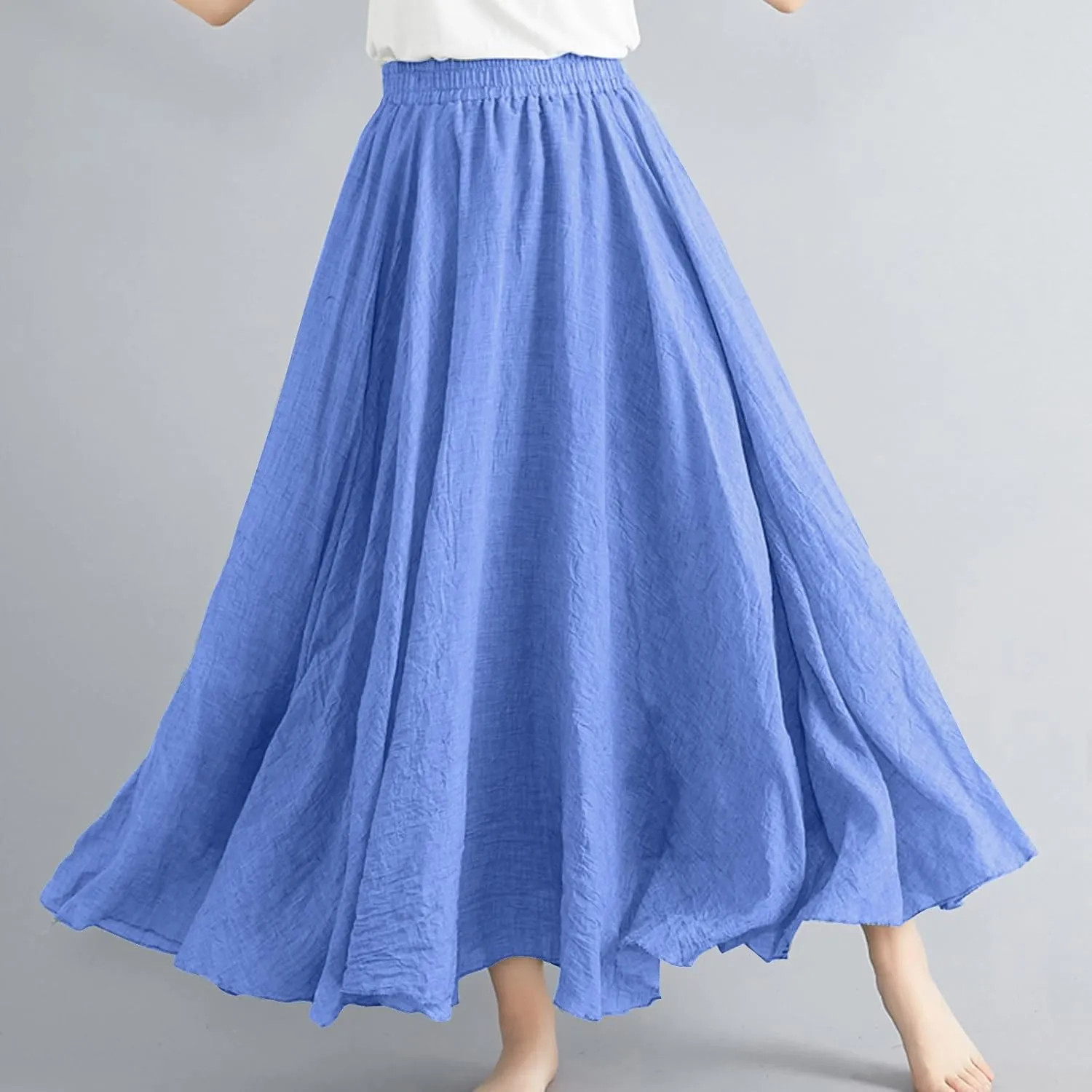 DDAPJ pyju Linen Skirts for Women Summer Bohemian Style Elastic Waist Long Maxi Skirt Loose Flowy Beach Skirt One-Size