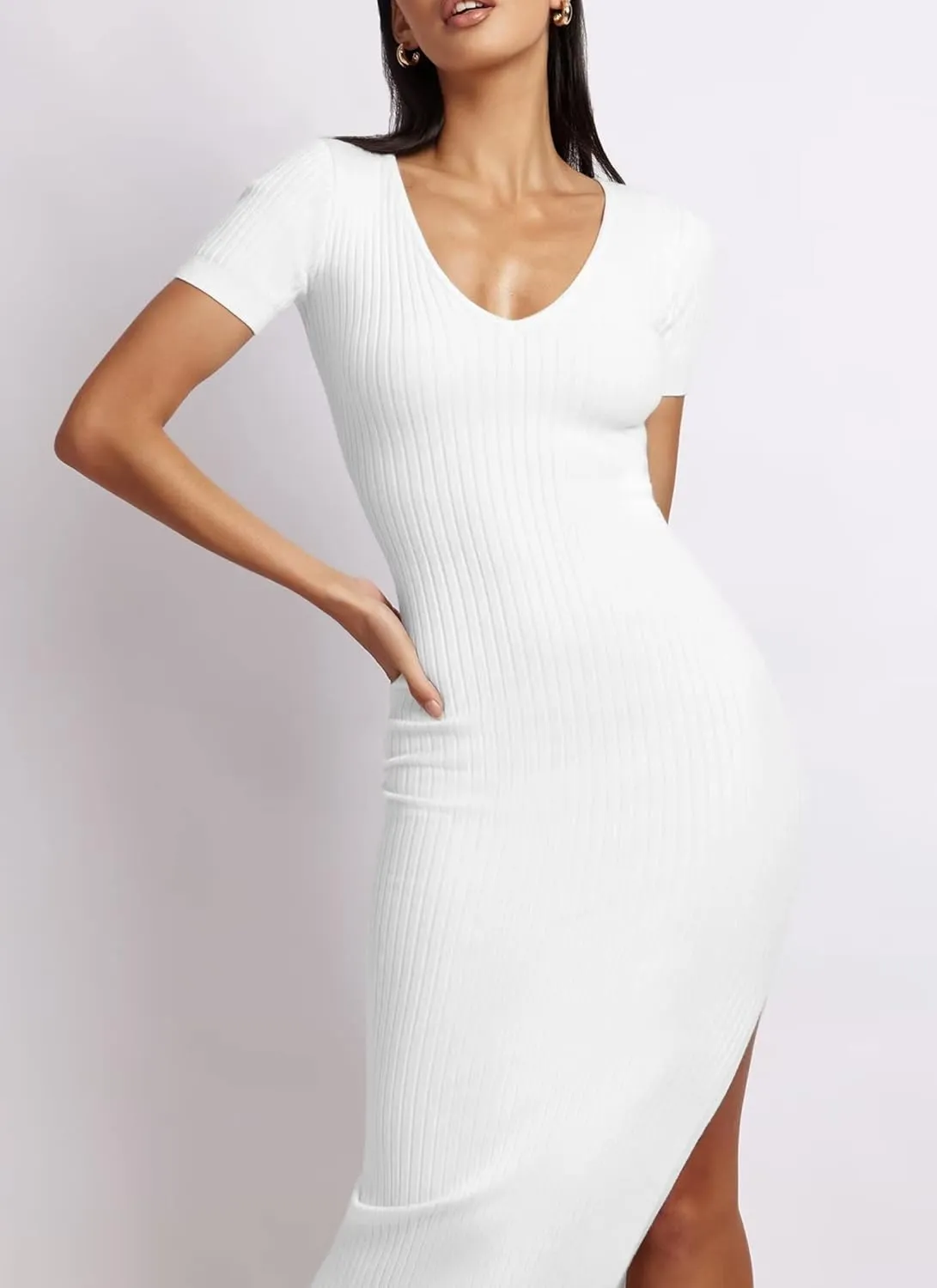 DHSPKN Women's Sexy V Neck Bodycon Short Sleeve Dress Side Slit Ribbed Knit Stretch Fashion Spicy Girl Party Long Dresses