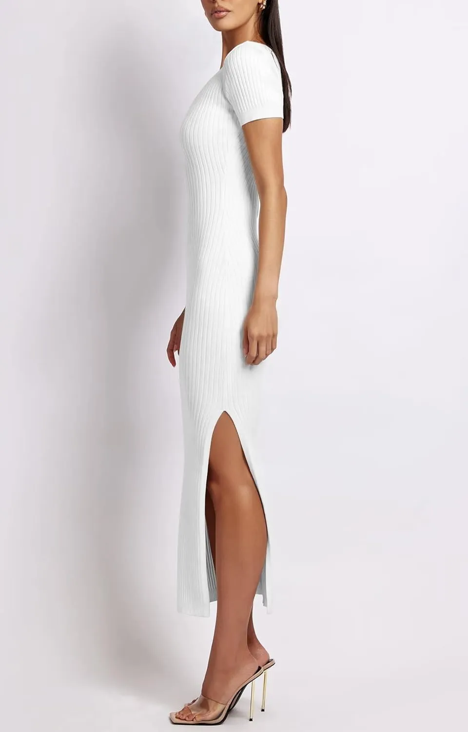 DHSPKN Women's Sexy V Neck Bodycon Short Sleeve Dress Side Slit Ribbed Knit Stretch Fashion Spicy Girl Party Long Dresses