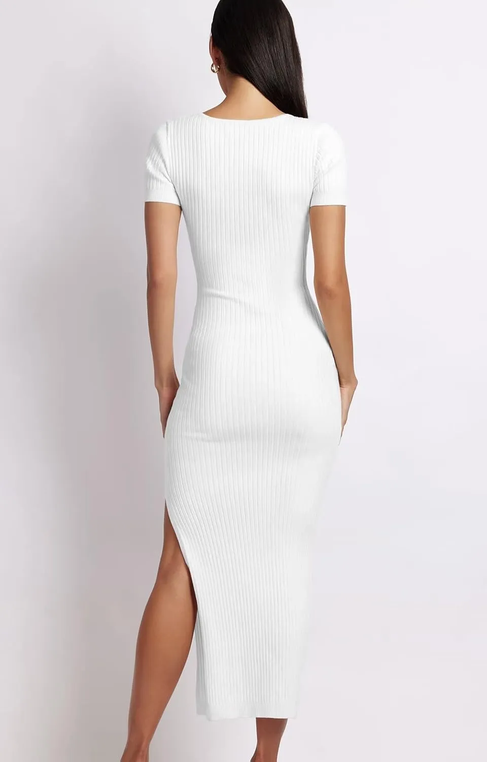 DHSPKN Women's Sexy V Neck Bodycon Short Sleeve Dress Side Slit Ribbed Knit Stretch Fashion Spicy Girl Party Long Dresses