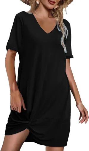 Dresses for Women Casual Loose Beach Dress V Neck Short Sleeve Knot Twist Tie T Shirt Dress Summer Fashion Sundresses