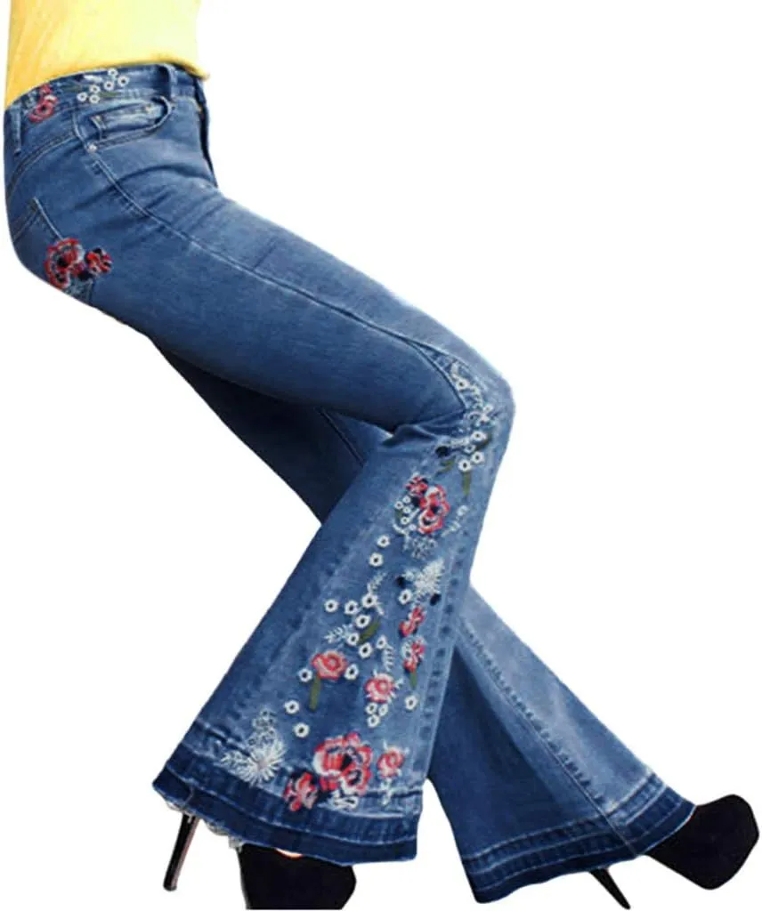 Embroidered Flared Jeans for Women High Waisted Bell Bottom Jeans Plus Size Flared Denim Pant Retro Wide Leg Jeans